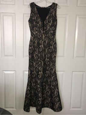 Marciano Black Lace Overlay Maxi Dress with Nude Underlay